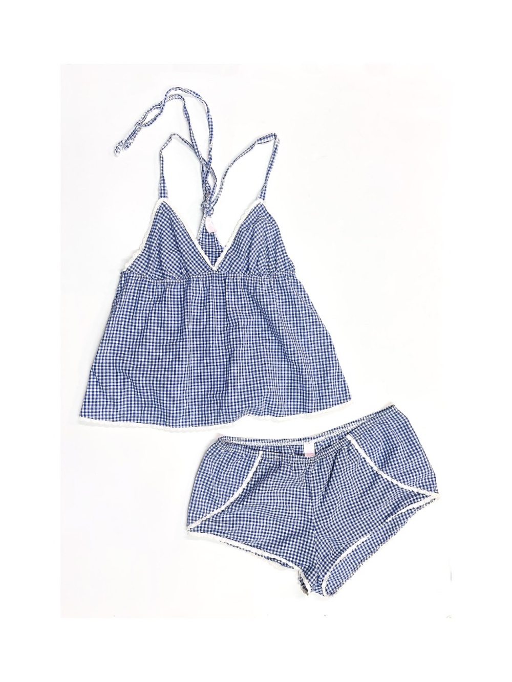 Victorias Secret Cottagecore Coquette Pajama Set Blue Gingham Size Small Crochet